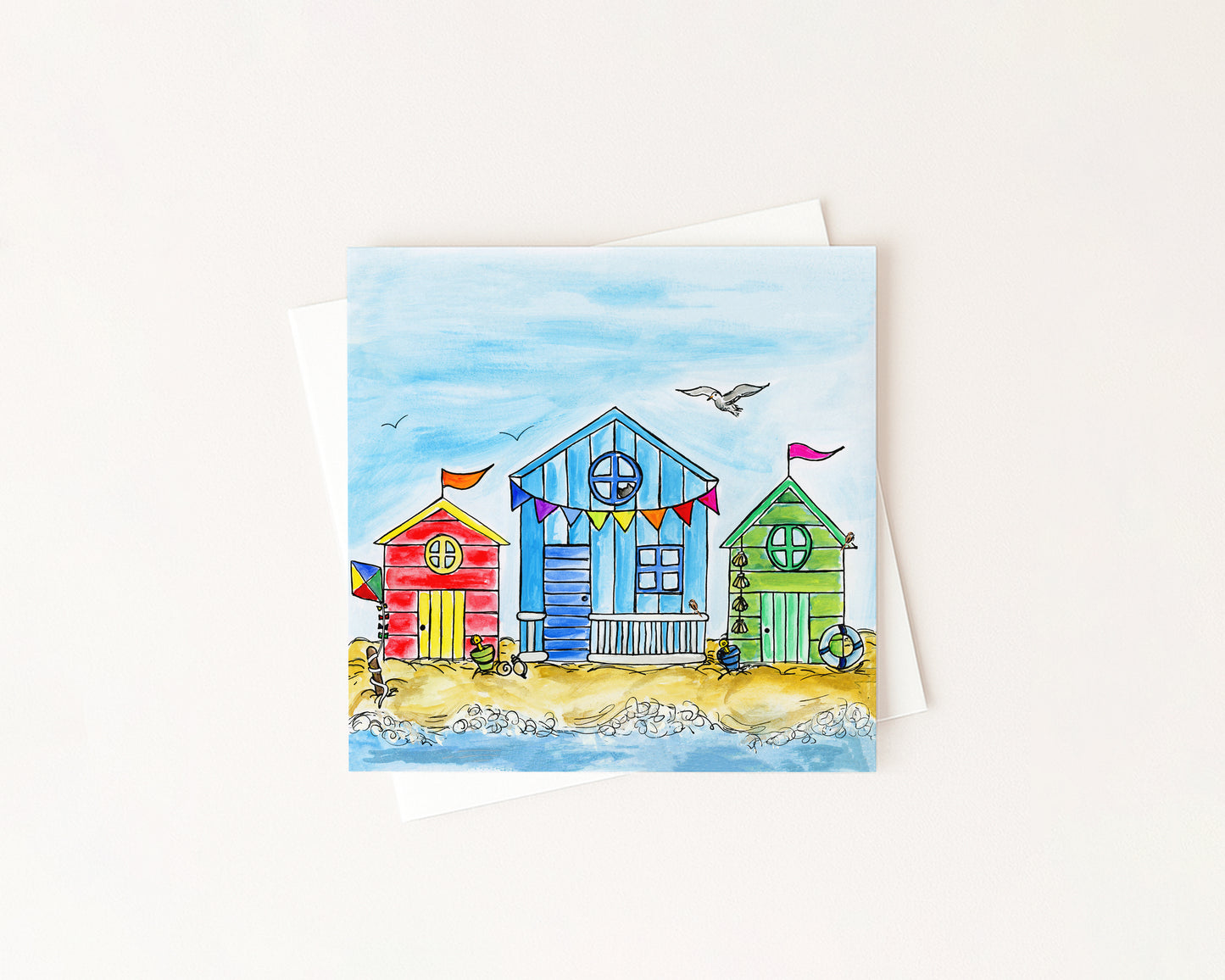 Let's Go Fly A Kite' Beach Hut Card hand-painted art print by Daisylion Designs