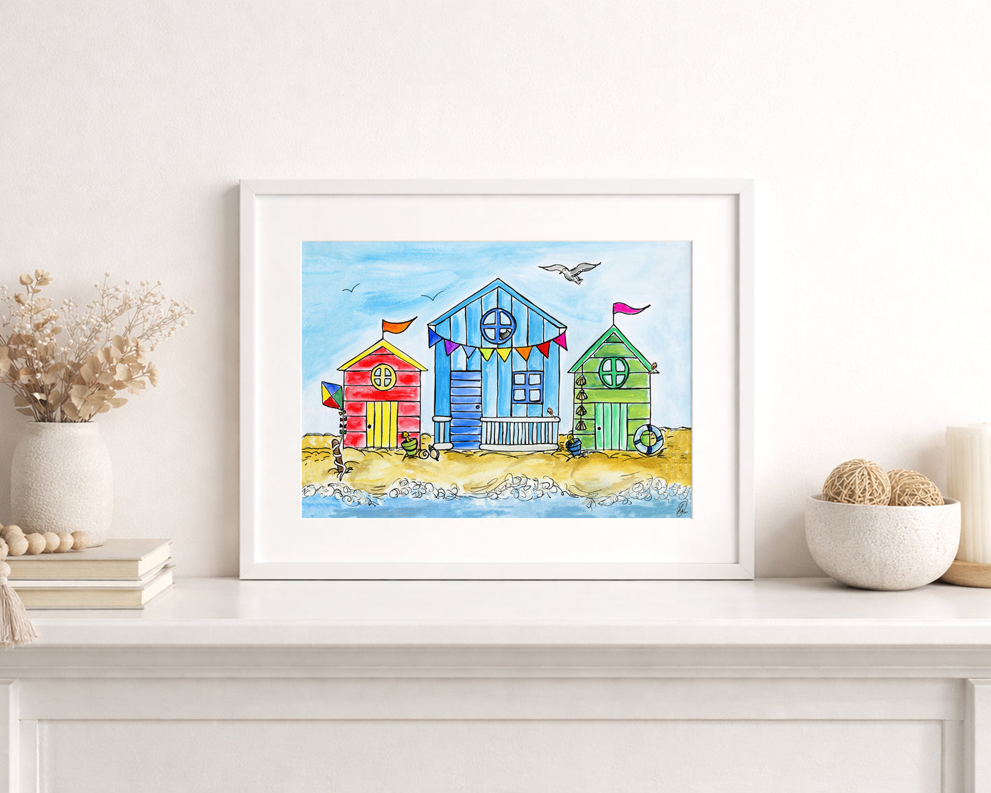 Let's Go Fly A Kite' Beach Hut A4 Print hand-painted art print by Daisylion Designs