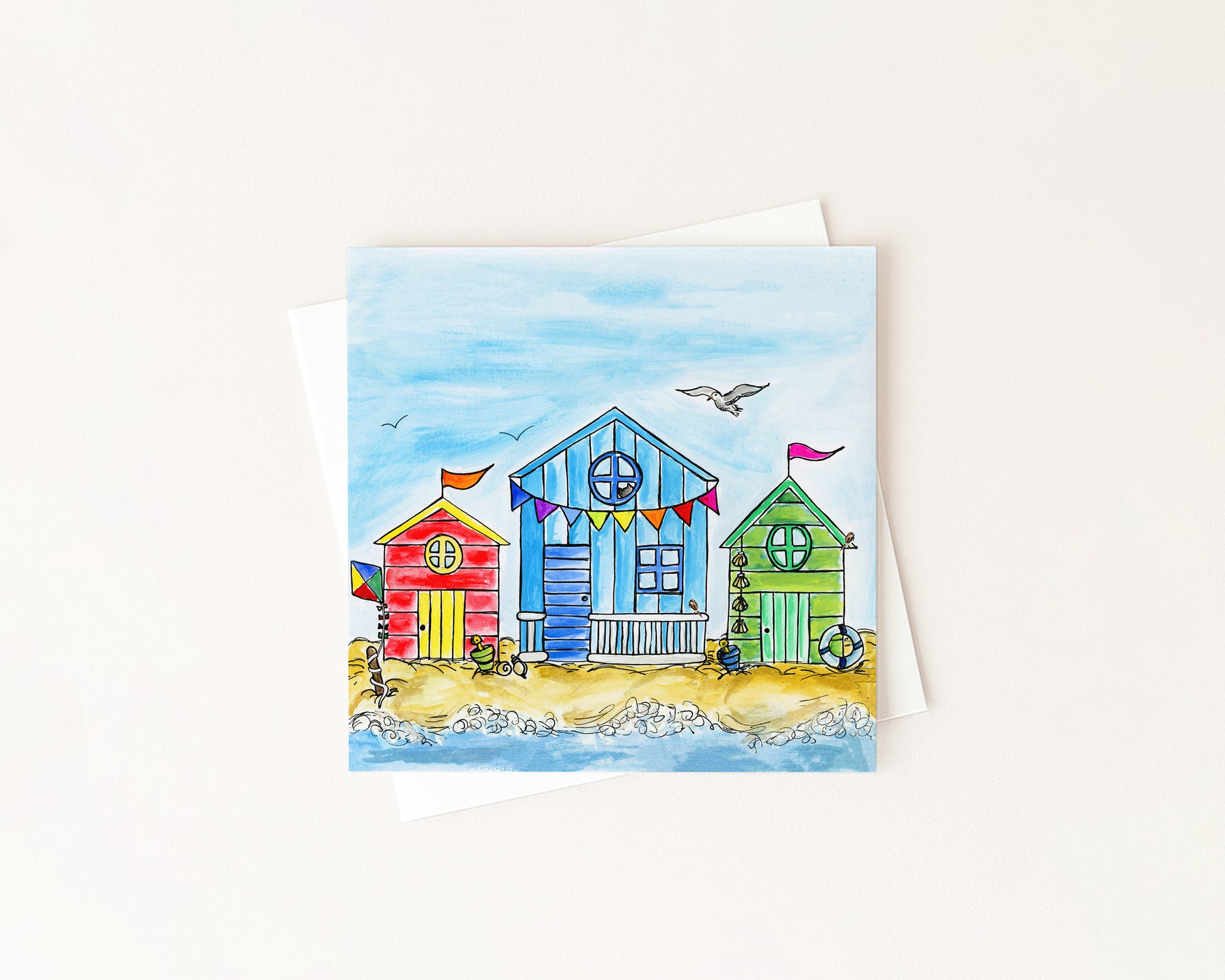 Let's Go Fly A Kite' Beach Hut Card hand-painted art print by Daisylion Designs