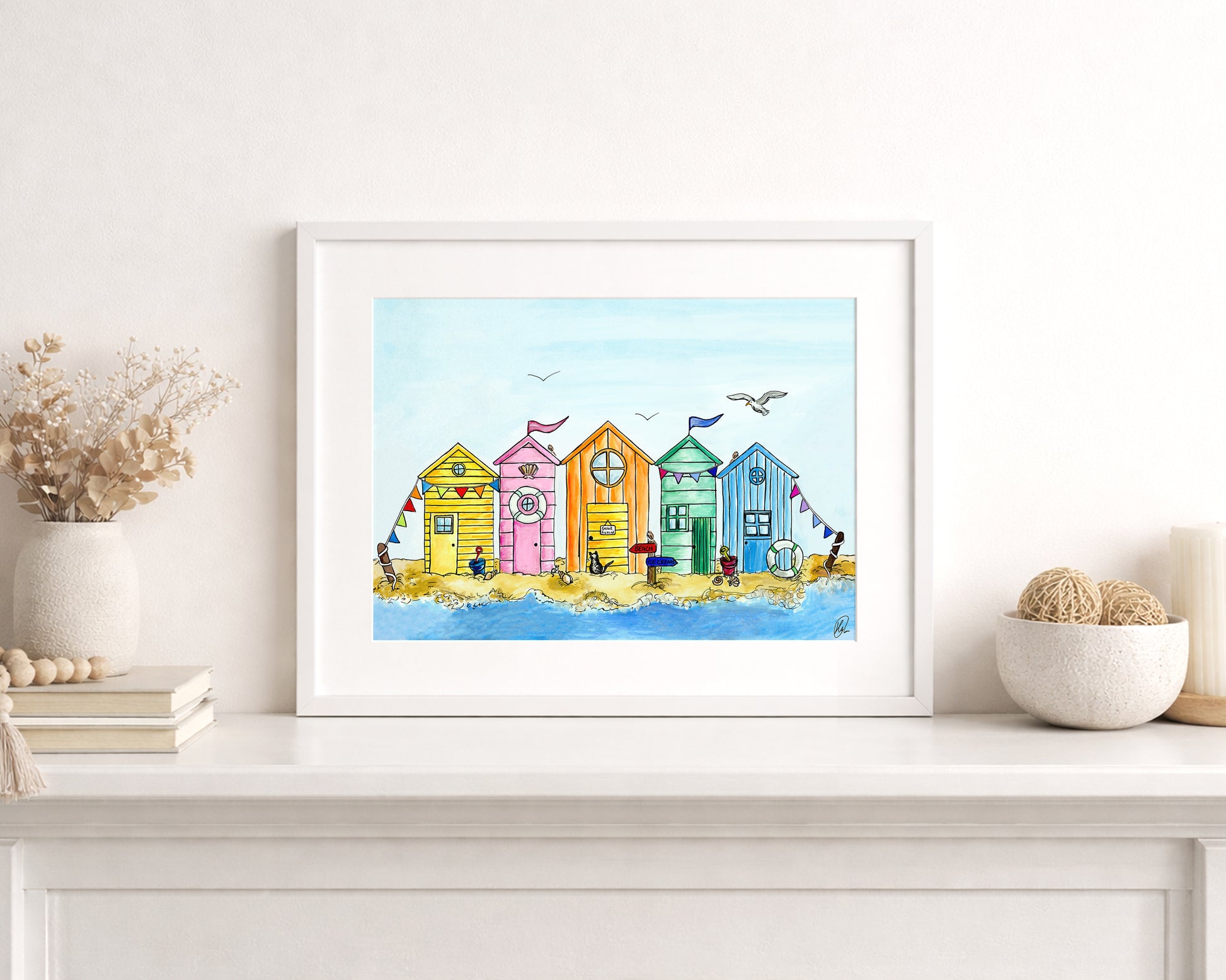Gone Fishin' Beach Hut A4 Print hand-painted art print by Daisylion Designs