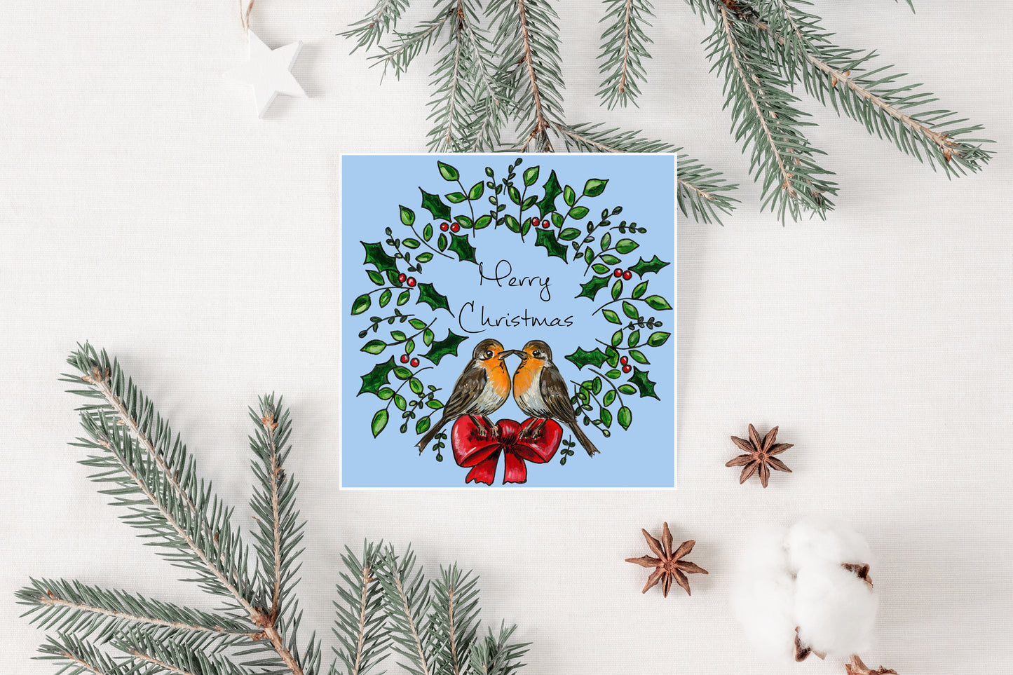 'Two For Joy' Robin Christmas Wreath Card