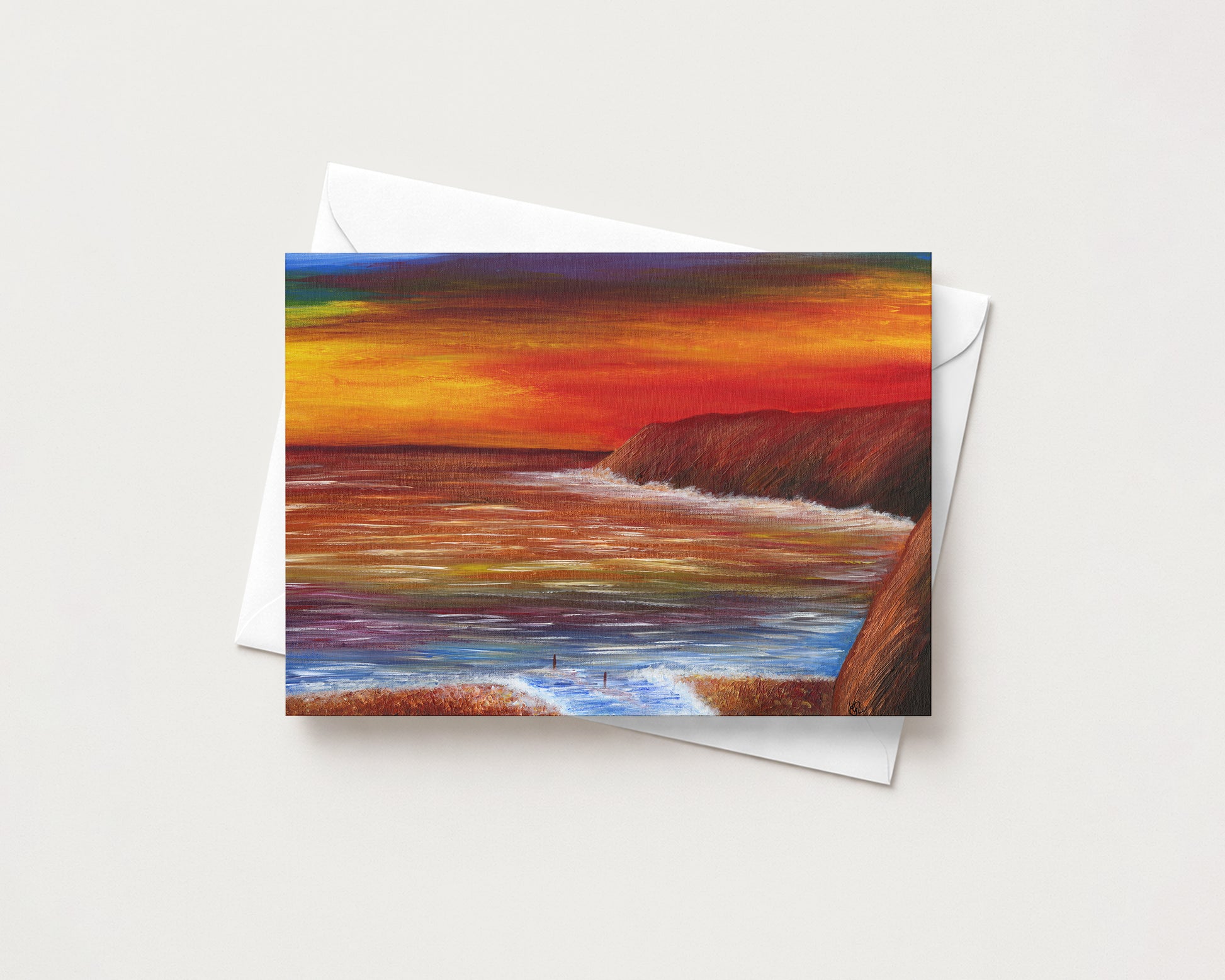 Red Sky At Night - Lynmouth Collection Card hand-painted art print by Daisylion Designs